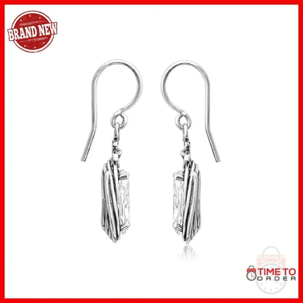 Sterling Silver Dangle Earrings Floral Wire Wrap Cubic Zirconia Hypoallergenic